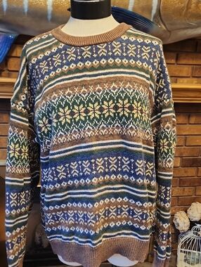 Izod Men's Blue, Brown, Green Fair Isle Crewneck Sweater Size L 100% Cotton